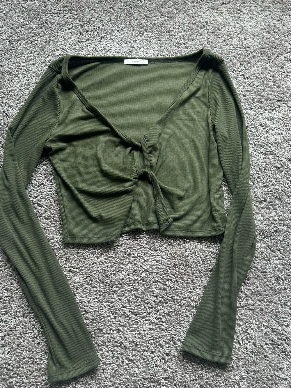 Timing Olive Green Ribbed Tie-Front Long Sleeve Crop Top